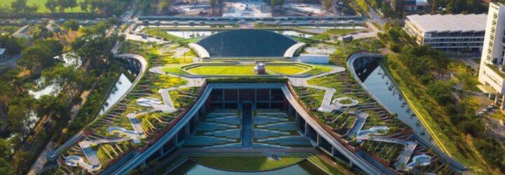 an overhead view of a multilevel green rooftop structure.