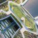 a multilevel green roof structure comprised of various geometric shapes and white walkways.