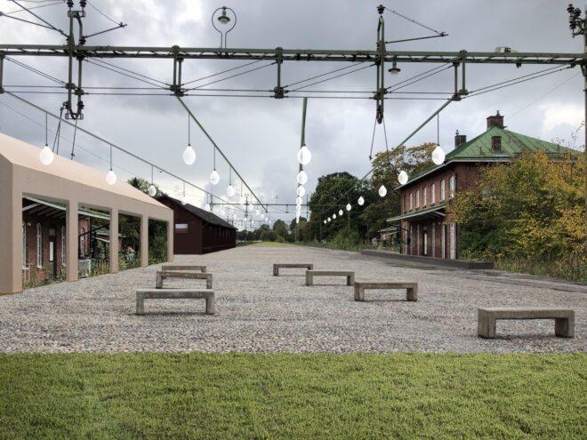 concrete benches on gravel patio area