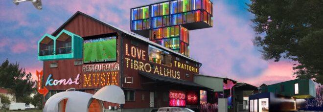 rendering of gabled building covered in neon signs