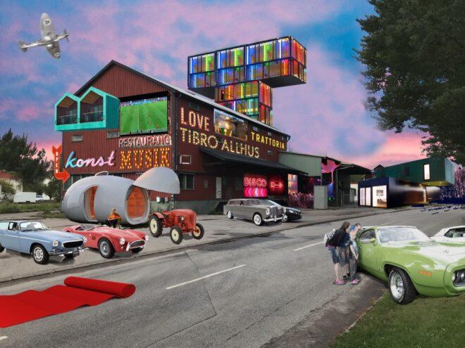 rendering of gabled building covered in neon signs