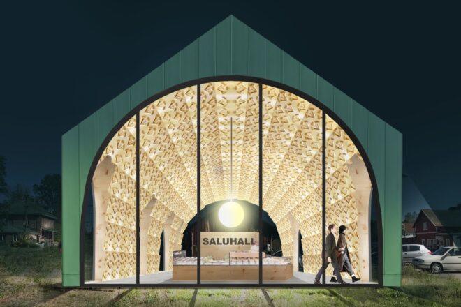rendering of gabled building with wall of glass