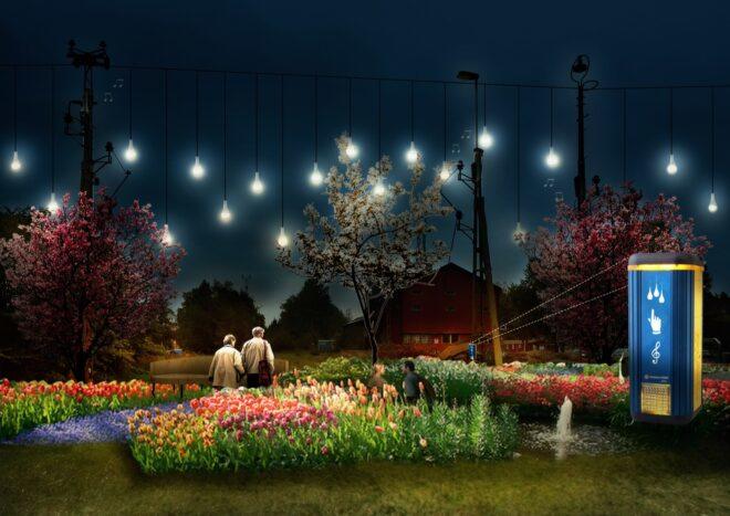 rendering of people walking through park at night