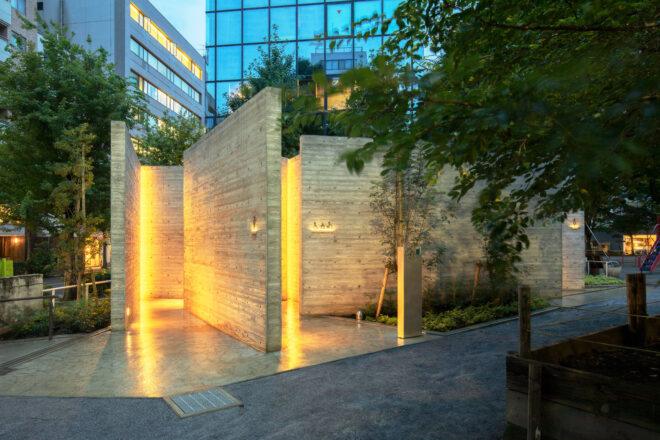 stone walls lit up with yellow lights