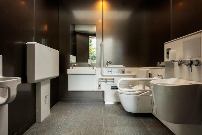 black and white public bathroom