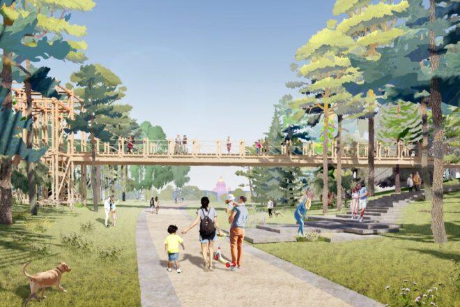 rendering of people walking through a park