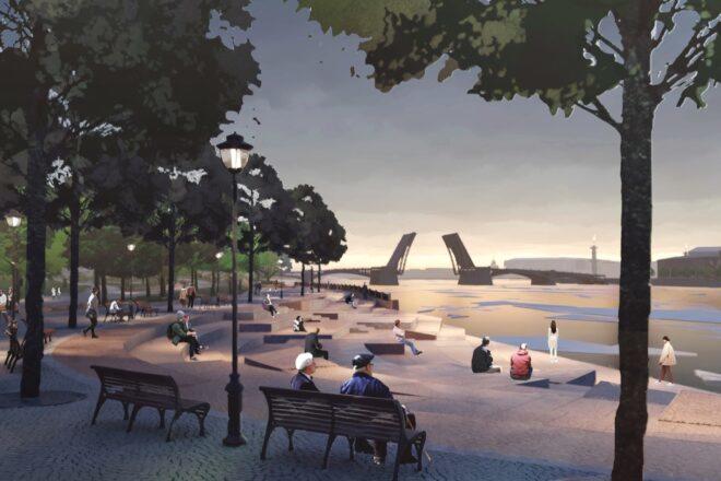 rendering of people sitting on benches at waterfront park