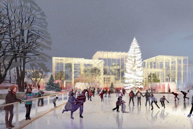 rendering of people skating in an ice rink