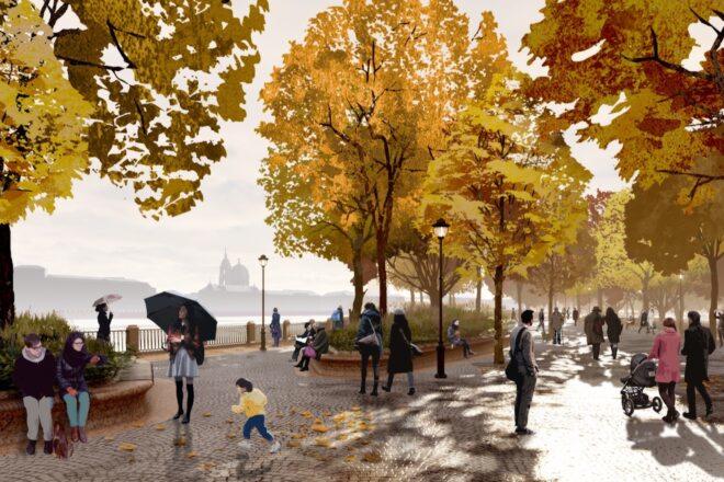 rendering of people walking through park on a rainy autumn day