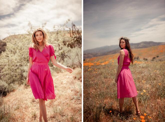 two people modeling frilly pink dresses