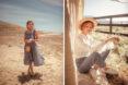 On the left, person in gray dress in the desert. On the right, person in white blouse and jeans in a shady spot.