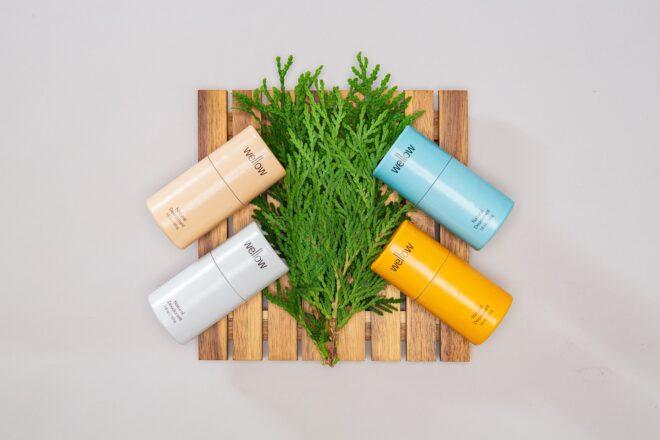 four tubes of deodorant in the colors beige, gray, blue and orange arranged around a leafy green plant on top of a wood palette.