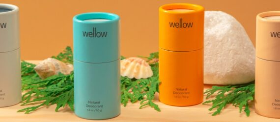 a display of four deodorant tubes. from left to right, the tube colors are gray, blue, yellow/orange and beige. in the background there are leafy green plants and a white stone.