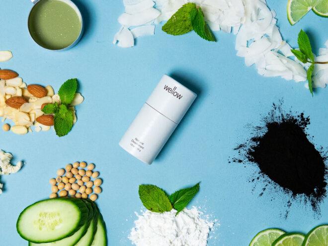 a white tube of deodorant against a blue background, surrounded by shredded coconut, mint leaves, activated charcoal powder, cucumber slices, nuts and a metal container of green liquid.