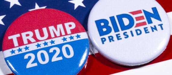 Biden for President button and Trump 2020 button on American flag background