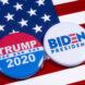 Biden for President button and Trump 2020 button on American flag background