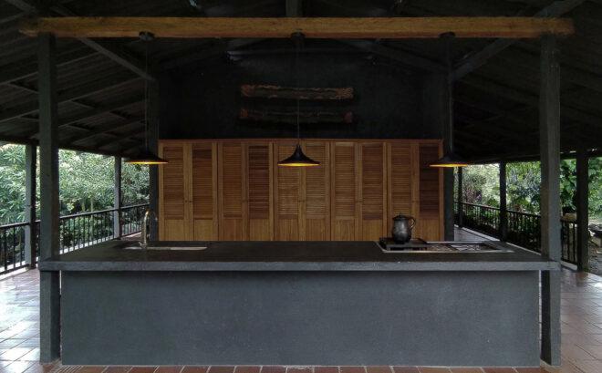 large outdoor kitchen with black counters and natural wood pantry doors
