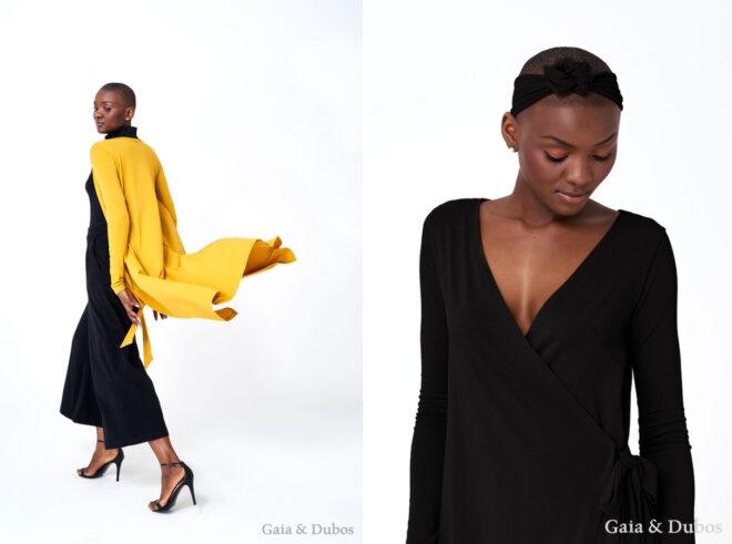 Person in black dress with yellow cardigan