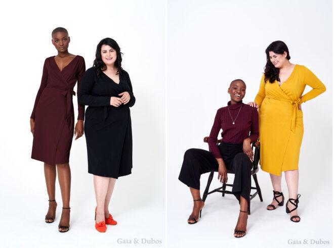 On the left, two people wearing burgundy and black dresses. On the right, person wearing burgundy top and black pants sitting next to person in yellow dress