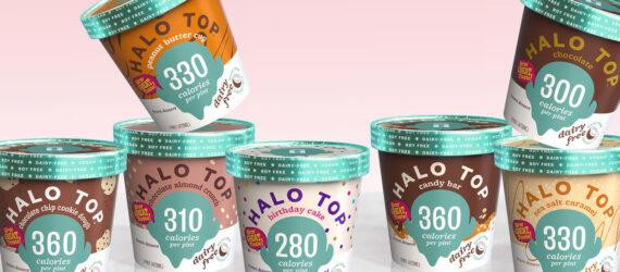 several pints of Halo Top lined up side-by-side, with two pints resting on top of the row of pints.