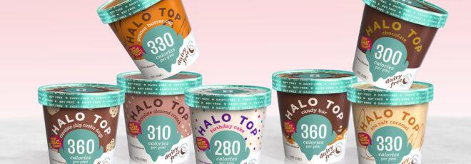 several pints of Halo Top lined up side-by-side, with two pints resting on top of the row of pints.