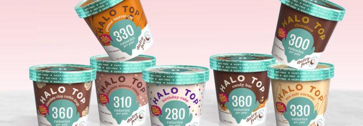several pints of Halo Top lined up side-by-side, with two pints resting on top of the row of pints.