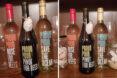 three bottles of wine and two wine glasses on a table