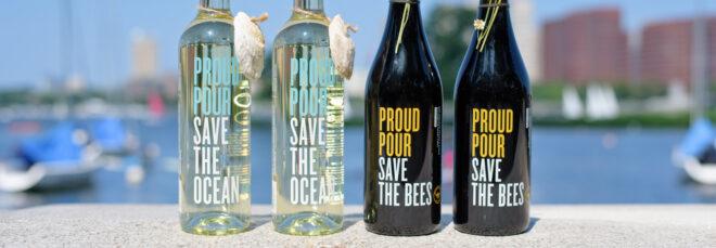 four bottles of wine on ledge near a harbor