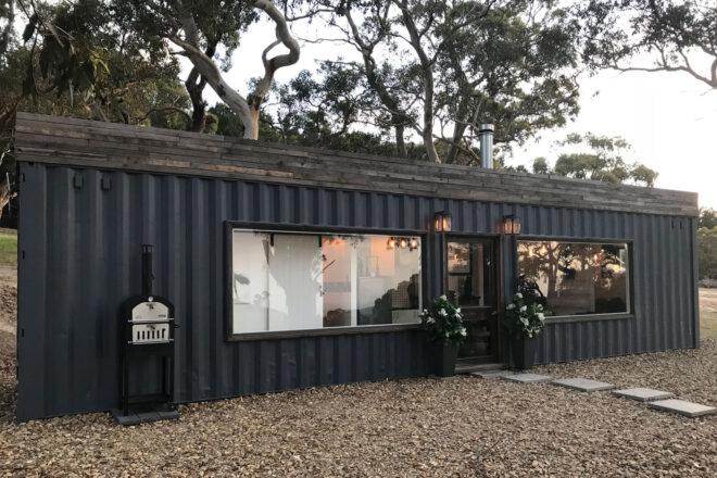 black corrugated metal tiny home