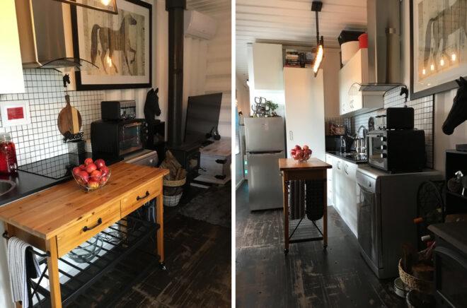 tiny kitchen with white cabinets and tiny wood island