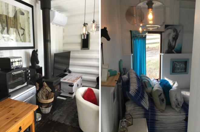 On the left, white chair in small living area. On the right, blue and white bedroom.