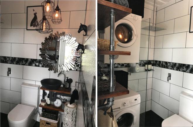 modern tiny bathroom with white tiled walls and a stacked washer and dryer