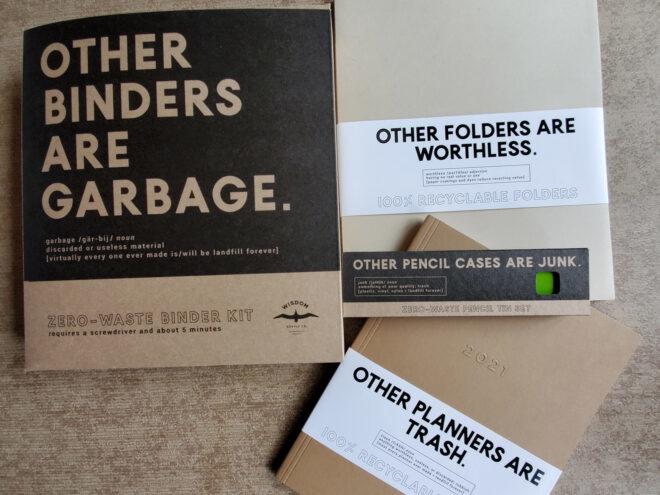 cardboard binder, folders and planner