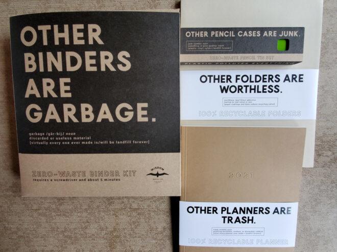zero-waste school supplies on brown background