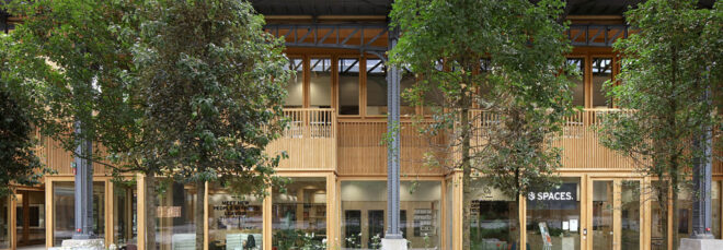 Trees in the middle of a timber shopping center.