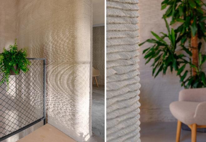 Two images: to the left, an indoor balcony with a green plant. To the right, a chair with a potted plant behind it.