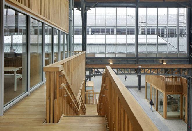 A wood staircase.