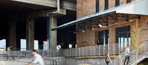 brick building with large awning