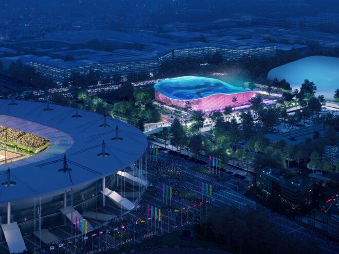 a night-time aerial shot of the timber aquatic center.