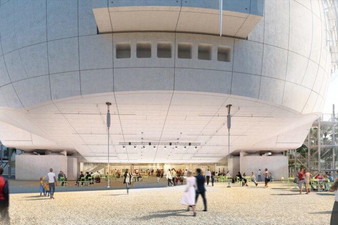 rendering of people walking toward museum entrance