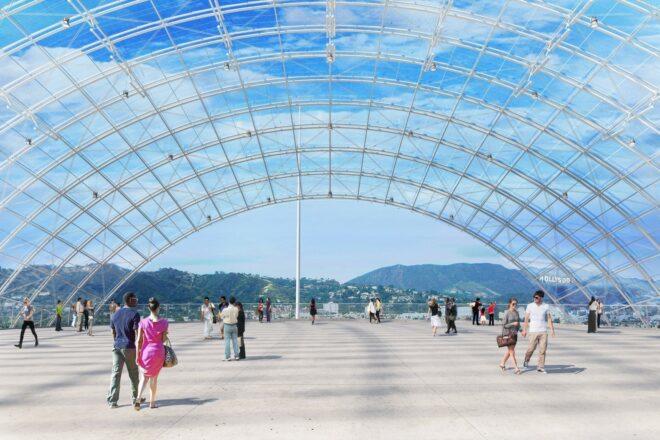 rendering of covered patio with views of Hollywood Sign
