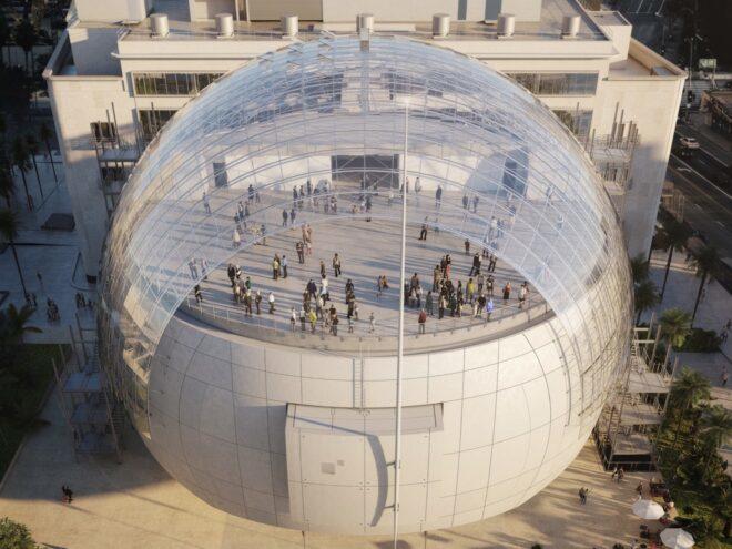 aerial view of sphere building with clear roof