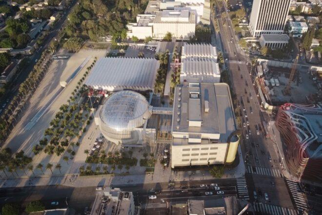 aerial view of museum building with a sphere building
