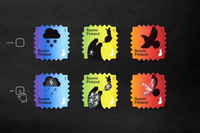 six stamps against a black background. two blue stamps show snow clouds transforming into thunderstorms, two green stamps depict climate migration, and two red stamps depict dying birds.