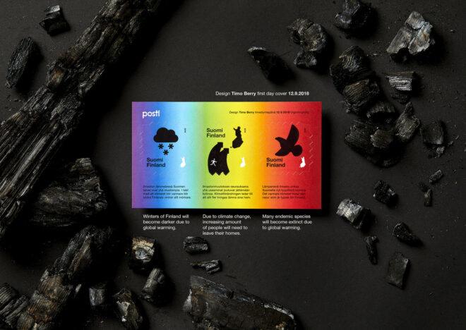 a sheet of stamps against a black background with charred wood. the rainbow sheet of stamps includes cloud, migration and wildlife designs. white text explains the designs and lists the designer as "Timo Berry."