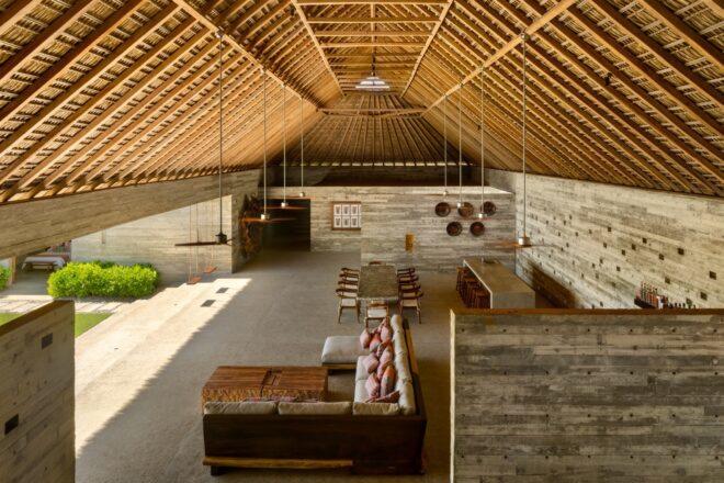 A view of the A-frame roof from inside the home.