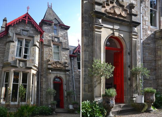 Two images: to the left, a 19th century building with grey stone and red accents. To the right, a closeup of the front door, which is painted red.