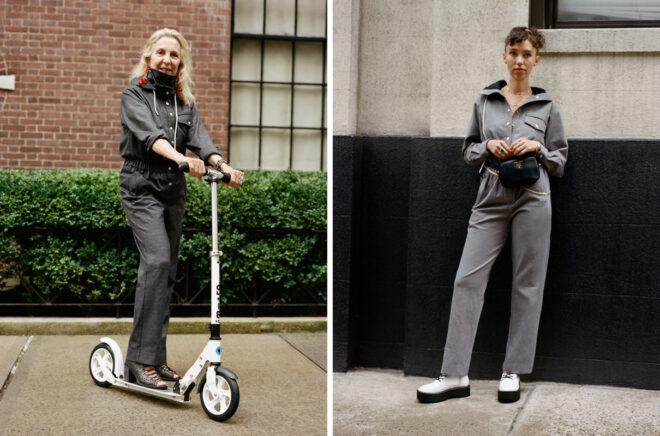 person in gray jumpsuit on a scooter and person in gray jumpsuit standing near black and white wall