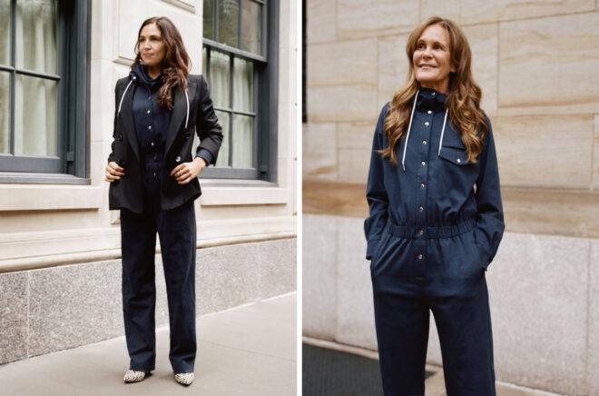 person wearing black blazer over blue jumpsuit and person wearing blue jumpsuit with hands in pockets