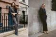 person in gray jumpsuit leaning on fence and person in blue jumpsuit leaning on a wall